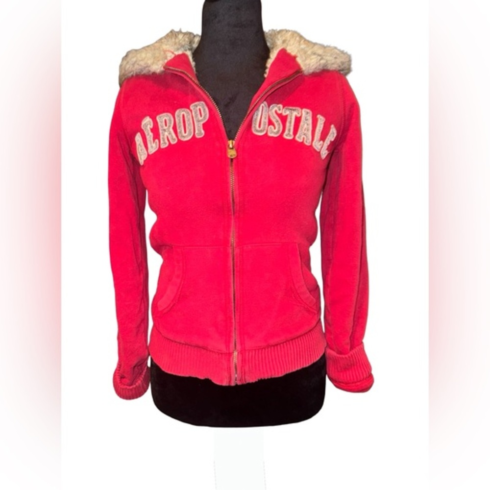 Y2k Grail Aeropostale hoodie fur lined fur hoodie trim red and brown with logo S